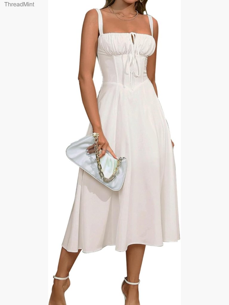 Midi Corset Sundress Flowy A-Line Slit Lace Up Tea Party Dress